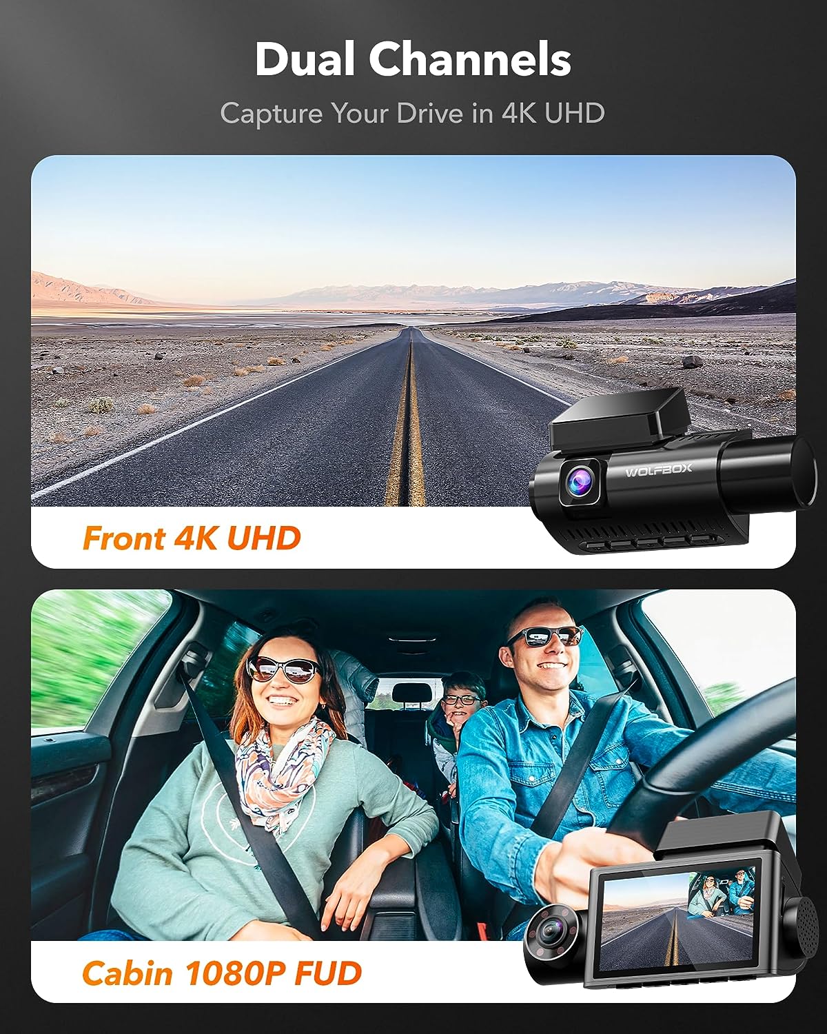 WOLFBOX i07 Dash Cam 3 Channel with WiFi GPS, 4K Dash Camera Front and Inside, 3 Way Dash Camera for Cars, 3 LCD Dash Cam Front and Rear, Super IR Night Vision, 24H Time Lapse, Support 512GB Max