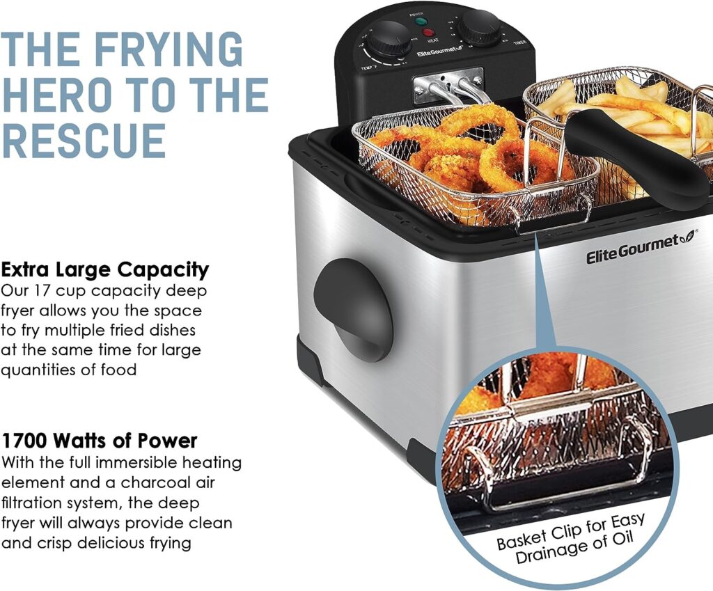 thumbnail image 2 of Elite Gourmet 4.5 Qt Deep Fryer - 1700W Immersion Fryer With 3 Baskets & Timer Control 2 of 4
