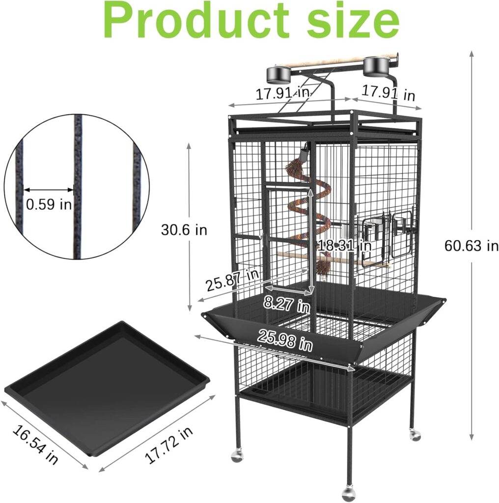 BOINN 61 Bird Cage, Bird Flight Cages with Rolling Stand  Bottom Tray, Wrought Iron Birdcage with PlayTop  Rope Bungee Bird Toy for Parakeet, Parrot, Lovebirds, Pigeons, Cockatiels, Macaw
