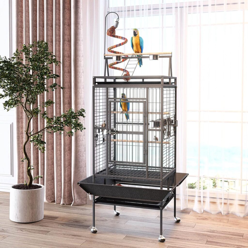 BOINN 61 Bird Cage, Bird Flight Cages with Rolling Stand  Bottom Tray, Wrought Iron Birdcage with PlayTop  Rope Bungee Bird Toy for Parakeet, Parrot, Lovebirds, Pigeons, Cockatiels, Macaw