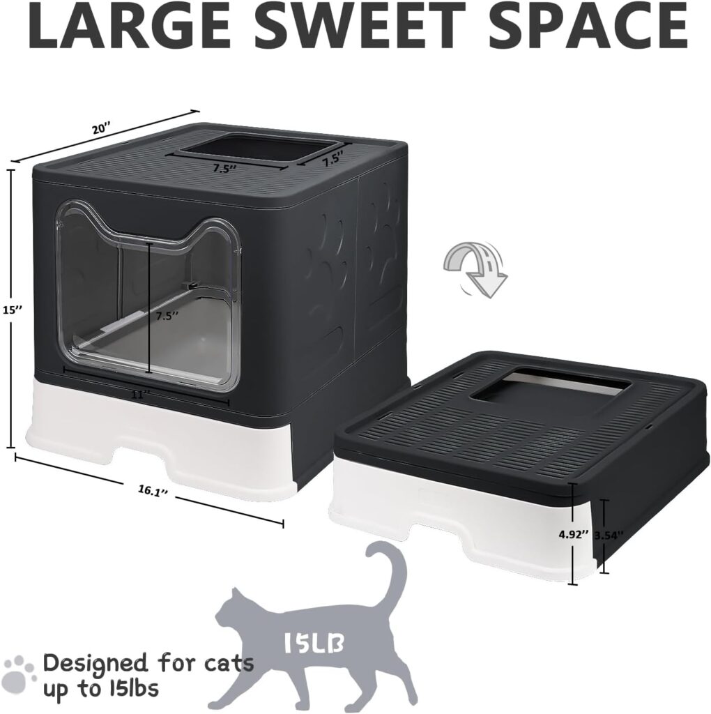 Foldable Cat Litter Box with Lid, Enclosed Cat Potty, Top Entry Anti-Splashing Cat Toilet, Easy to Clean Including Cat Litter Scoop and 2-1 Cleaning Brush (Black) Large