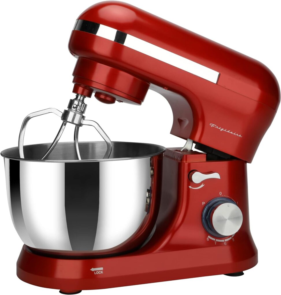 FRIGIDAIRE ESTM020-RED Retro Electric Stand Mixer, 4.75 Quart / 4.5L, 8 Speeds with Whisk, Dough Hook, Flat Beater Attachments, Splash Guard (RED)
