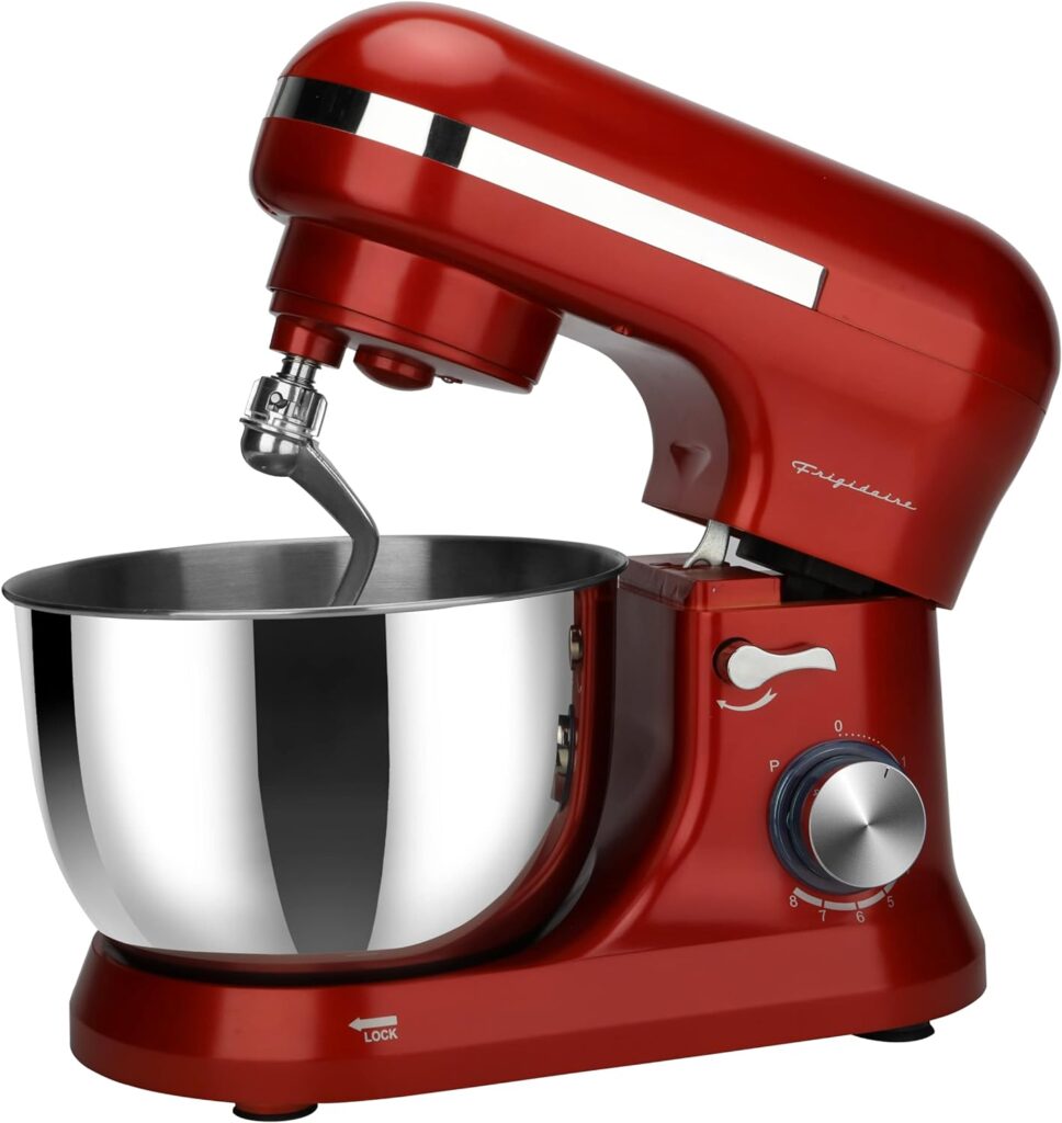 FRIGIDAIRE ESTM020-RED Retro Electric Stand Mixer, 4.75 Quart / 4.5L, 8 Speeds with Whisk, Dough Hook, Flat Beater Attachments, Splash Guard (RED)