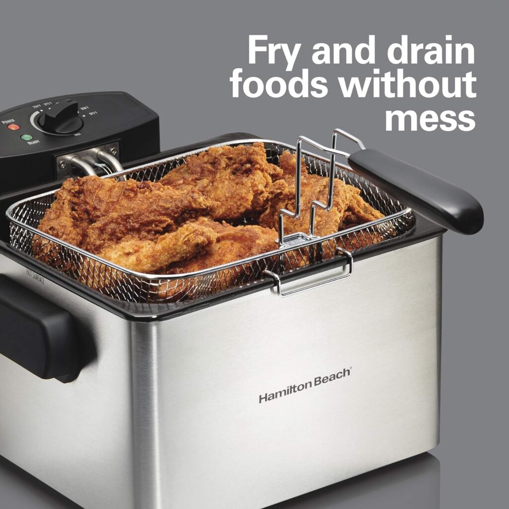 Hamilton Beach 35042 Professional Style Electric Deep Fryer, XL Frying Basket, Lid with View Window, 1800 Watts, 21 Cups / 5 Liters Oil Capacity, Stainless Steel