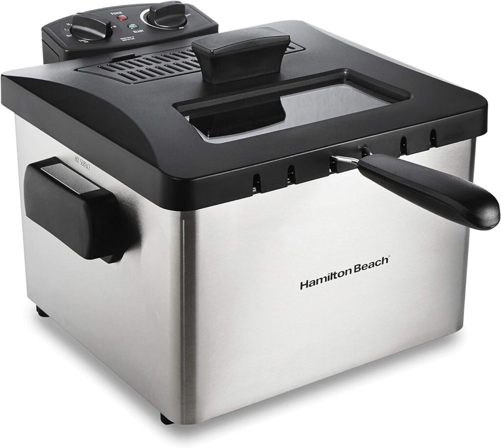 Hamilton Beach Professional Style Electric Deep Fryer, Lid with View Window, 1800 Watts, 19 Cups / 4.5 Liters Oil Capacity, One XL Frying Basket, Stainless Steel