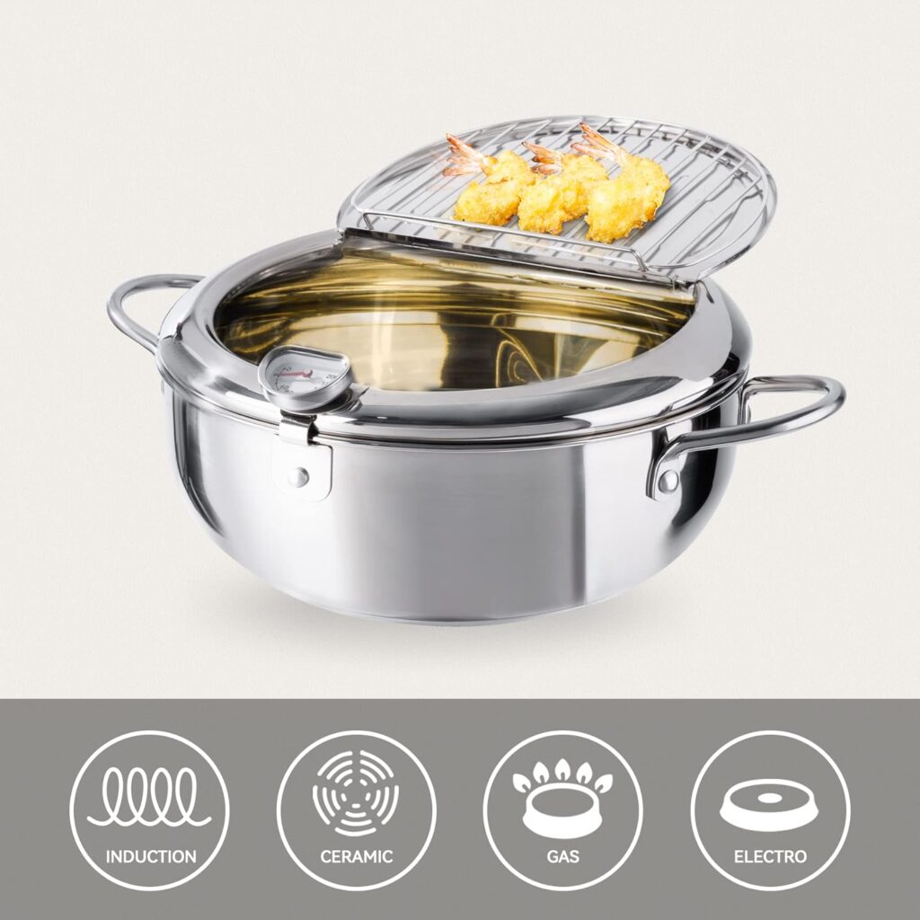 Kerilyn Deep Fryer Pot, 11 Inch/4.2 L Janpanese Style Tempura Frying Pot with Lid, 304 Stainless Steel with Temperature Control and Oil Drip Drainer Rack, for Kitchen French Fries, Chicken etc