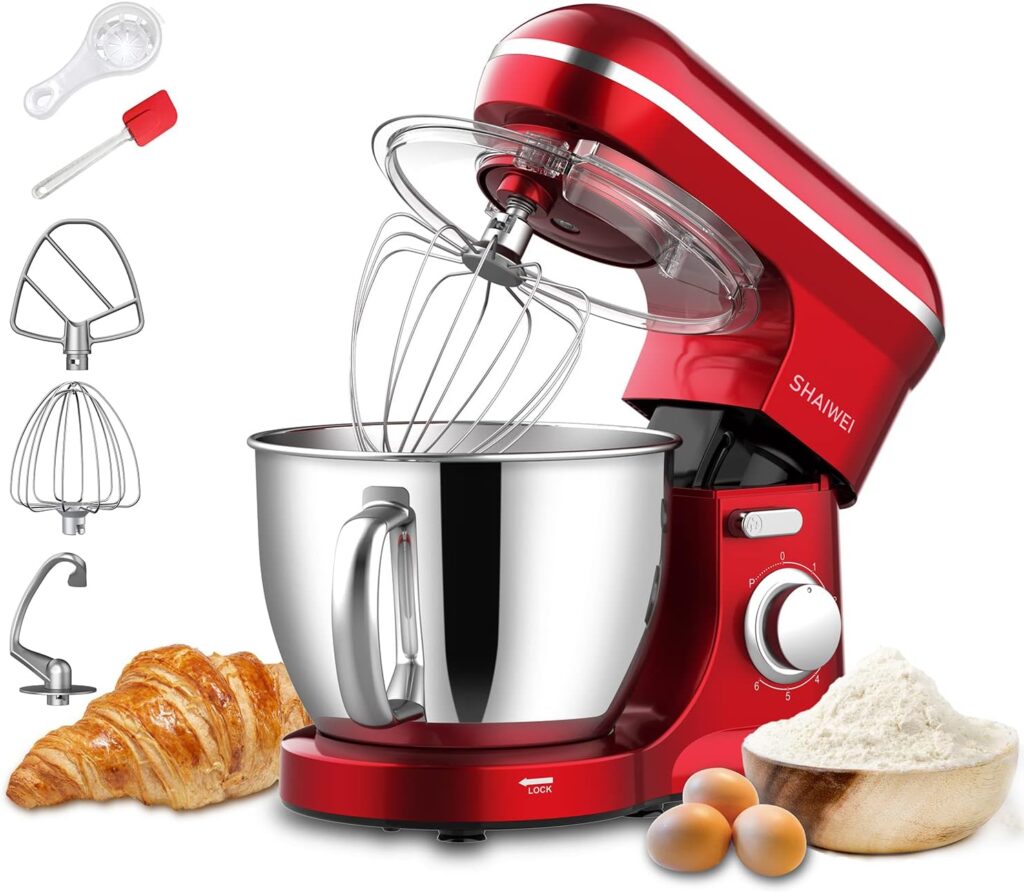 Kitchen Stand Mixer, 6.5-QT 660W Electric Food Mixer, 6 Speeds Kitchen Mixer with Dough Hook, Egg Whisk, Flat Beater, Upgrade Version (Red)