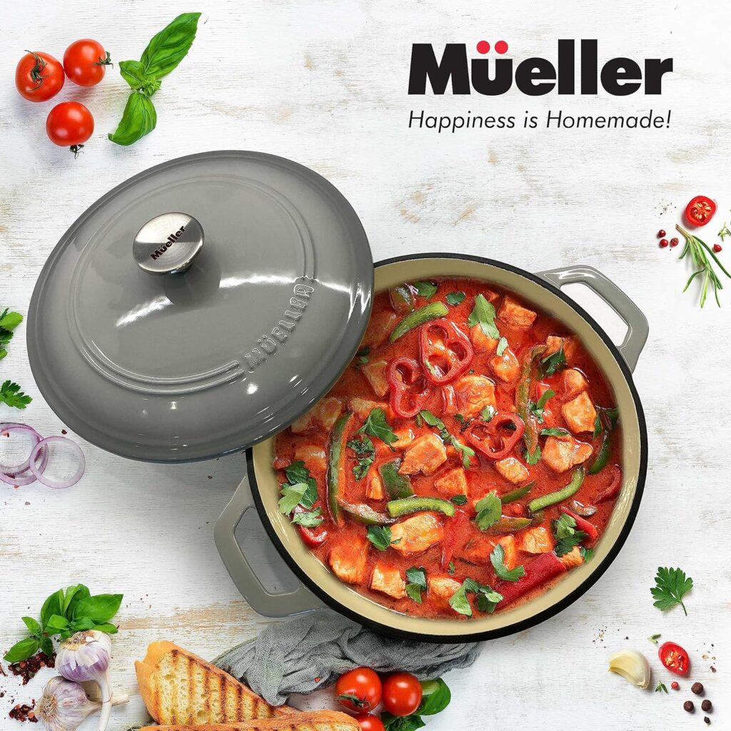 Mueller DuraCast 6 Quart Enameled Cast Iron Dutch Oven Pot with Lid, Heavy-Duty Casserole Dish, Braiser Pan, Stainless Steel Knob, for Braising, Stews, Roasting, Baking, Safe across All Cooktops, Blue