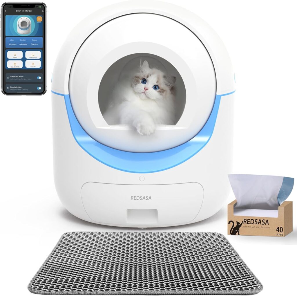 REDSASA Self-Cleaning Cat Litter Box, Automatic Cat Litter Box for Multi Cats, Smart Safety Protection Cat Litter Box, Large Capacity Litter Cat Box with Trash Bag Roll, Odor Isolation/APP Control