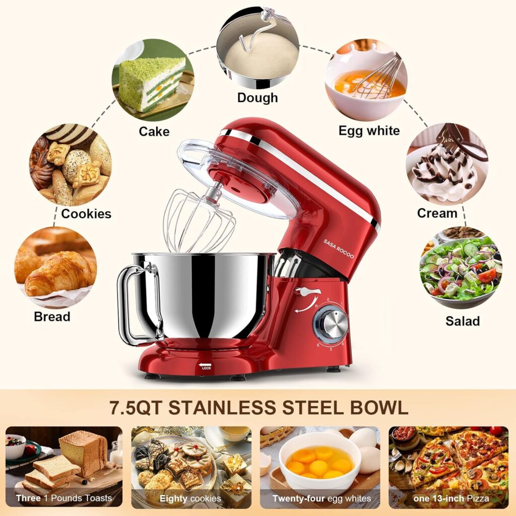 SASA ROCOO Stand Mixer, 7.5QT 660W 6+P Speed Tilt-Head Food Mixer, Kitchen Electric Mixer with Stainless Steel Bowl,Whisk,Dough Hook and Beater(red)