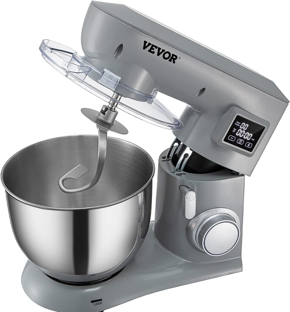 VEVOR Stand Mixer, 660W Electric Dough Mixer with 6 Speeds LCD Screen Timing, Tilt-Head Food Mixer with 5.8 Qt Stainless Steel Bowl, Dough Hook, Flat Beater, Whisk, Scraper, Splash-Proof Cover - Gray