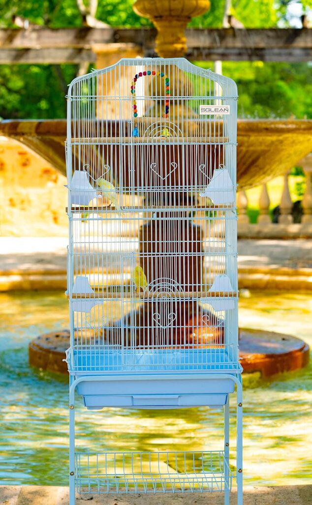 Wrought Iron Bird Cage 60 Inch with Rolling Stand Play Top and Bird Swing for Parrots Conure Lovebird Cockatiel Parakeets - Birdcage Stands Flight Cage with White Finish (White)