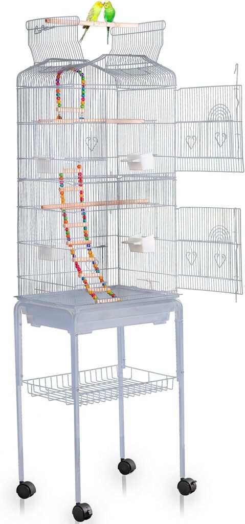 Wrought Iron Bird Cage 60 Inch with Rolling Stand Play Top and Bird Swing for Parrots Conure Lovebird Cockatiel Parakeets - Birdcage Stands Flight Cage with White Finish (White)