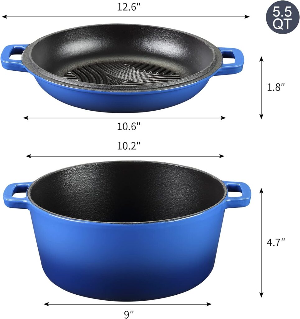 5.5 Quart Enameled Cast Iron Dutch Oven, 2-In-1 Enamel Dutch Oven Pot with Skillet Lid for Grill, Stovetop, Induction (Gradient Blue)