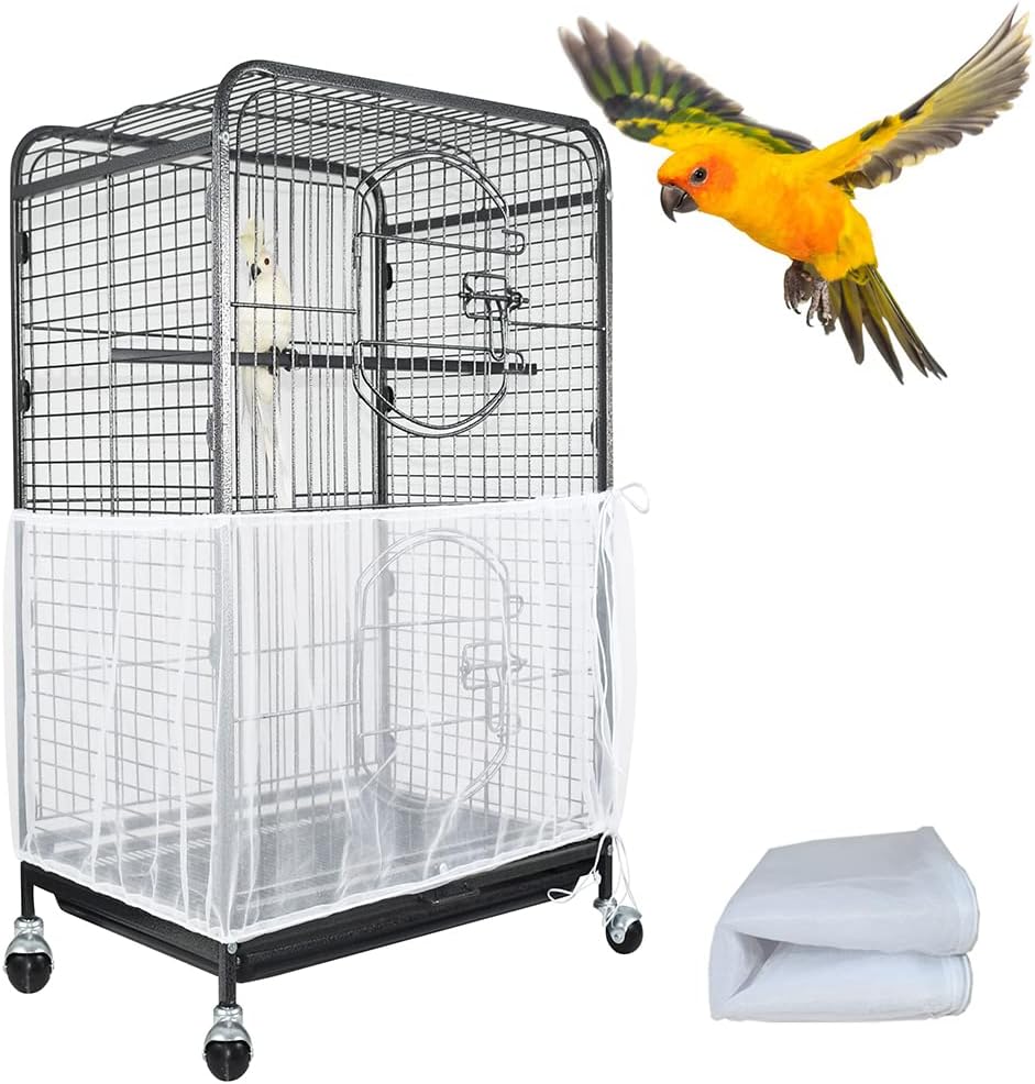 ASOCEA Extra Large Bird Cage Seed Catcher Guard Universal Birdcage Cover Nylon Mesh Net for Parrot Parakeet Macaw Lovebird African Grey - White (Not Include Birdcage) …