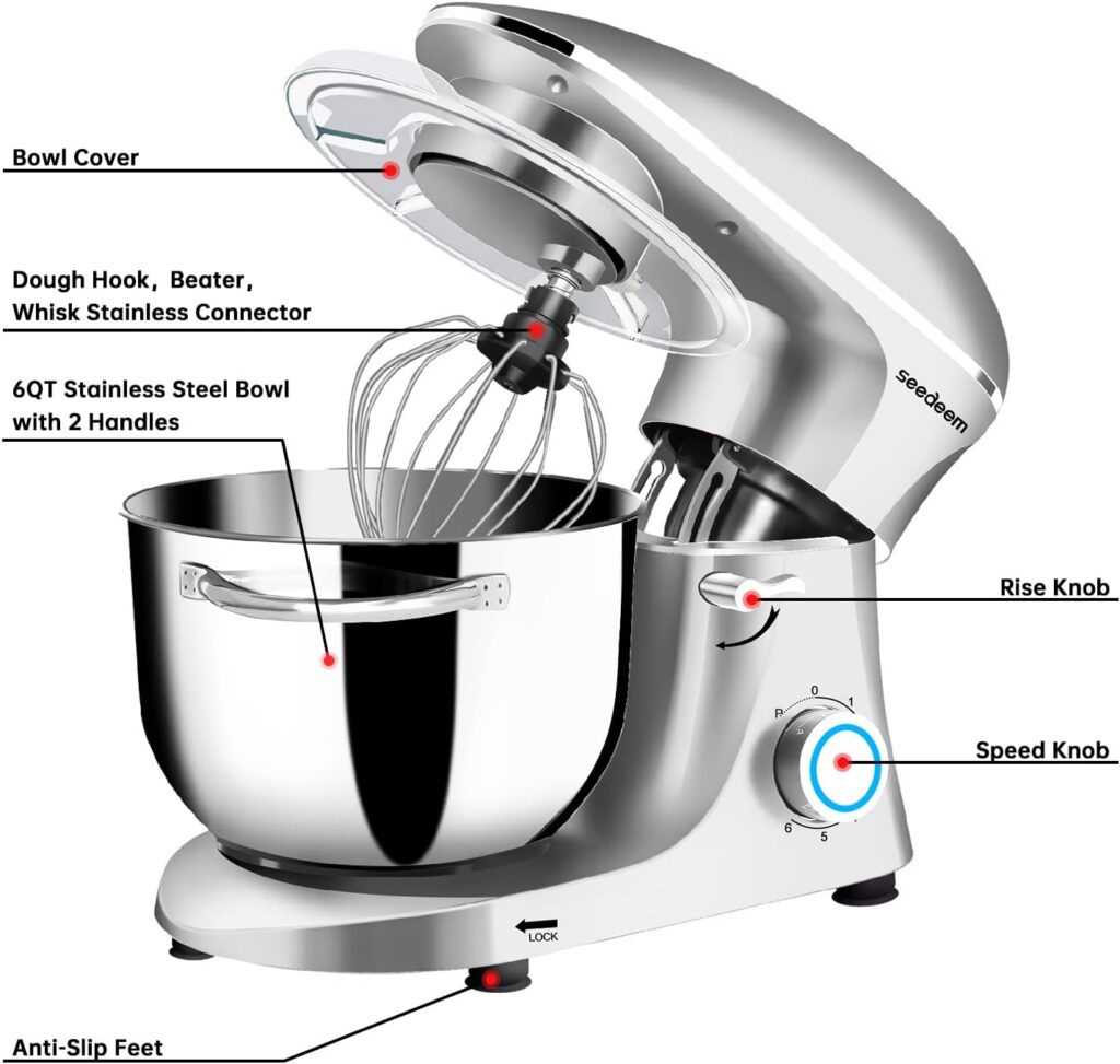 Seedeem Stand Mixer, 6Qt Electric Food Mixer, 660W 6-Speeds Tilt-Head Dough Mixers with Dishwasher-Safe Dough Hook, Wire Whip  Beater for Daily Use, Black