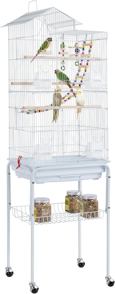 Yaheetech 62.4-inch Roof Top Flight Bird Cage for Parakeets Cockatiels Conures Finches Lovebirds Canaries Budgies Small Parrots, Large Birdcage with Detachable Rolling Stand, White